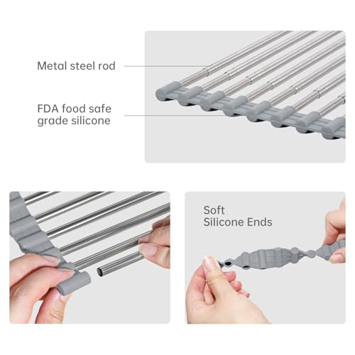 Large Expandable Roll Up Dish Drying Rack, Heat-Resistant Dish Drainer for Stainless Steel Sinks, Over The Sink Non-Slip Silicone Rollable Dish Drainer Roll Rack 18 Tube Gray 21.25''x12.79'' - size: Gray+Silver Tube