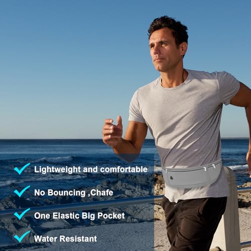 Slim Running Belt for Women Men, Runners Fanny Pack Phone Holder, Money Belt, Running Gear Accessories, with 3 Pockets, Light Gray - color: Light gray