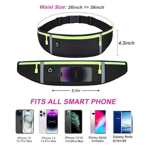 Slim Running Belt for Women Men,Runners Fanny Pack Phone Holder,Money Belt,Running Gear Accessories,with 3 Pockets (Green-black) - color: Green-black