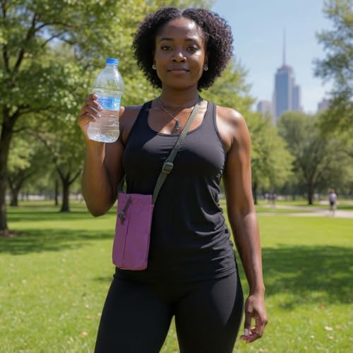 Trail maker Water Bottle Carrier Bag with Strap, Phone Pocket for Walking, Runs, Bike, Stainless Steel, Glass, Plastic - color: Purple
