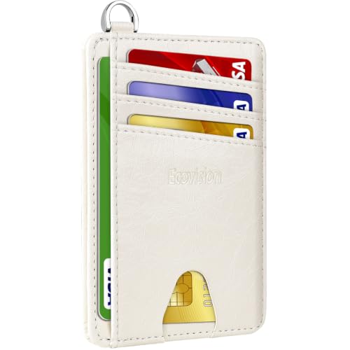 Slim Minimalist Front Pocket Wallet, RFID Blocking Credit Card Holder Wallet with Integrated D-Shackle for Men Women - color: Glossy Off-white