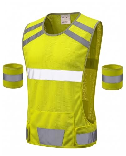 Mesh Safety Vest with Pocket & 2 Wrist Bands, High-Visibility Running Vest - color: Yellow, size: Medium