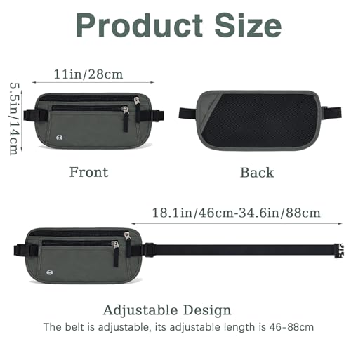 FuninCrea Waterproof Hidden Money Belt for Travel, Anti-Theft Belt Bag with RFID Blocking Function Adjustable Slim Waist Bag with 2 Zipper Pockets & 1 Back Pocket for Travel Running (B, Deep Grey) - color: B, Deep Grey