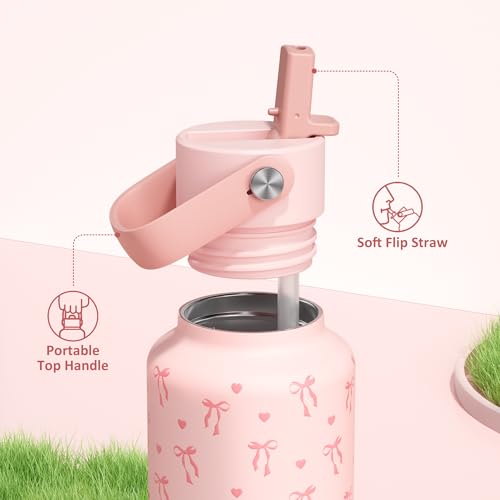 POWCAN 18 oz Insulated Water Bottle: Leakproof, Cup Holder Friendly, Standard Mouth, Top Handle, Double Walled Stainless Steel Water Bottle for Girl, Student, School, Bag, Camping (Sweetheart Bow) - color: Sweetheart Bow