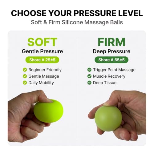 Soft & Firm Massage Lacrosse Ball Set, 4 Sizes for Myofascial Release - color: 2 Firm Green + 2 Soft Neon Lime
