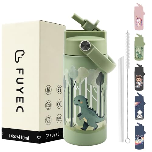 14 oz Insulated Water Bottle with Straw Lid and Handle, Stainless Steel Leak Resistant Travel Bottle for Lunch, Backpack, Camping, Green Dinosaur - color: Cute Dinosaur