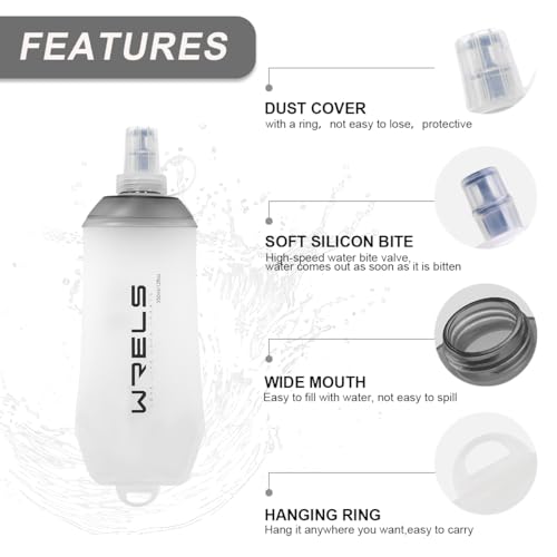 WRELS 200ml/350ml/500ml Collapsible Soft Flask,BPA Free Folding Soft Water Bottle with Hanging Ring,Lightweight TPU Hydration Flask for Running Marathon Cycling Hiking - color: Grey-350ml*2