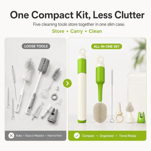 Baby Bottle Brush Set, 5 Cleaning Tools, Integrated Travel Storage, Green - color: Green & White