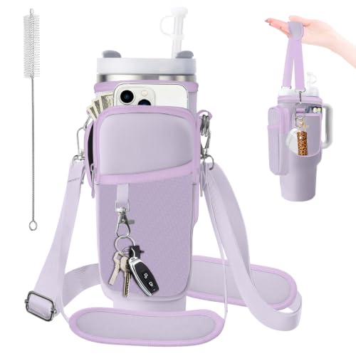 Water Bottle Carrier Bag for Stanley 40/30oz Cup Tumbler with Phone Pocket,Insulated Crossbody Water Bottle Holder with Adjustable Strap,Water Bottle Sling Pouch for Hiking Walking Camping Accessories - color: Purple