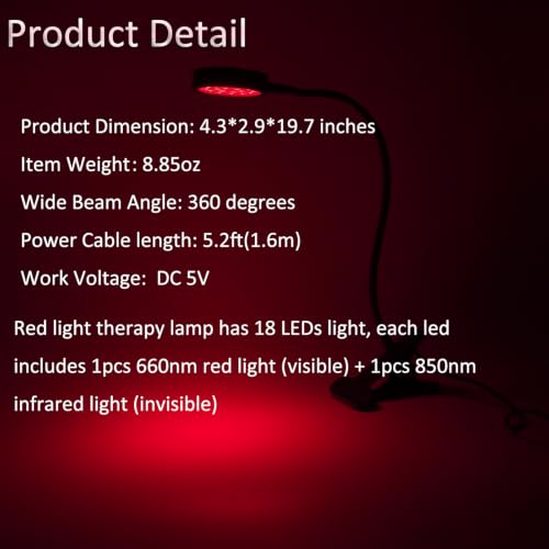 Red Light Relief Lamp for Face, USB-Powered, 18 LEDs 660nm and 850nm NIR‌