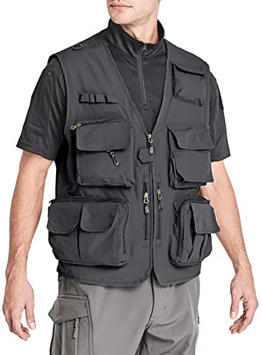 Lilychan Mens Utility Casual Fishing Vests Outdoor Vest Multi Pockets Cargo Vest Travel Hunting Camping Tactical Outerwear - color: Grey, size: Medium