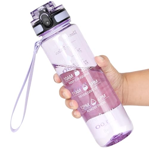 OLDLEY Water Bottle, 32oz Motivational Sports Water Bottle with Time Marker - color: Clear Purple