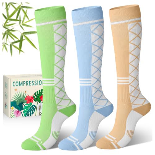 Bamboo Viscose Compression Socks 15-20 mmHg Knee High 3 Pairs Unisex - color: A01-3pair-blue Brown Green, size: Small-Medium