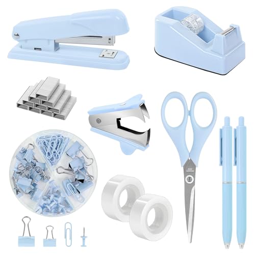 SKYDUE Blue Office Desk Accessories, Stapler and Tape Dispenser Set,10PCS - color: Blue