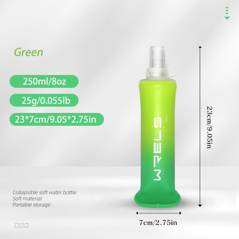 WRELS Soft Flasks TPU Soft Water Bottles Folding Soft Running Water Flask Small for Outdoor Sports Hiking Hydration Pack 8oz/17oz Hiking Cycling Climbing - color: Green-250ml