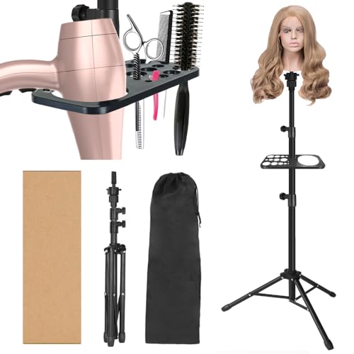 ZQIAN BEAUTY 50 Inch Metal Wig Stand, Adjustable Wig Head Stand, Mannequin Head Stand for Cosmetology Hairdressing, Wig Stand Tripod with Tool Tray (Black, Mannequin Head Not Included) - color: Black, size: 50 Inch