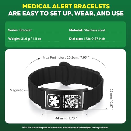 Medical Bracelets for Men Women with QR Code Medical Alert ID Bracelets - color: Jet Black
