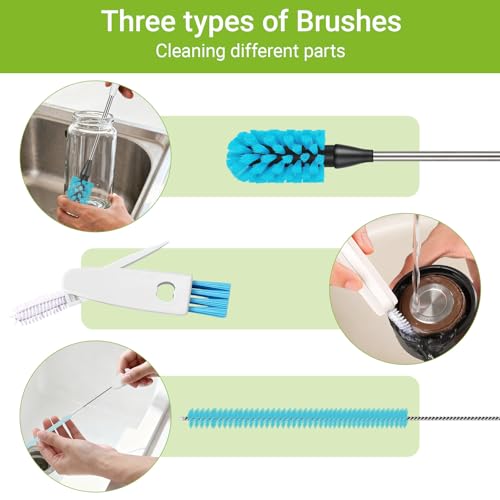 3-in-1 Bottle Brush, 15 Inches Long Handle Kitchen Water Bottle Brush, Stainless Steel Bottle Cleaner Brush with Straw Brush & Lid Brushe for Cleaning Wine Glasses,Coffee Mugs,Tumblers,Wine Decanters - color: Blue-3