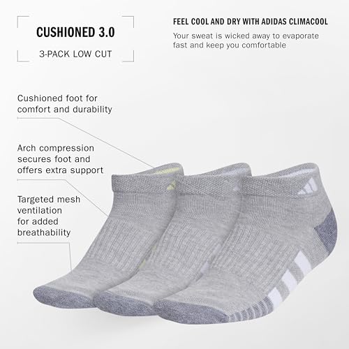 adidas Women's Cushioned Socks 3 Pairs - color: Cool Light Heather/Powder Yellow/Violet Tone Purple/3.0/Low Cut, size: Medium, style: Low Cut