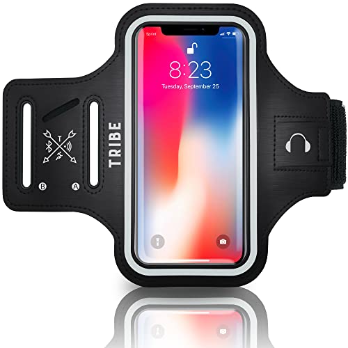 TRIBE Water Resistant Cell Phone Armband Case Running Holder for iPhone Pro Max Plus Mini SE (13/12/11/X/XS/XR/8/7/6/5) Galaxy S Ultra Plus Edge Note (21/20/10/9/8/7/6/5) Adjustable Strap & Key Pocket - color: Black, size: M: iPhone Pro/X/XS/Galaxy S (Not