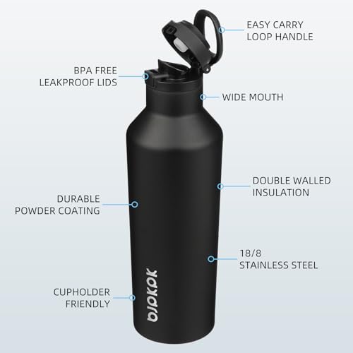 BJPKPK 25oz Insulated Thermal Water Bottle, Straw & Handle, Stainless Steel - color: Black, size: 25 Ounces
