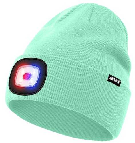 ATNKE LED Lighted Beanie Hat,USB Rechargeable 4 LED Red and Blue Flashing Running Headlamp Cap Gifts for Men and Women - color: #Fruit Green