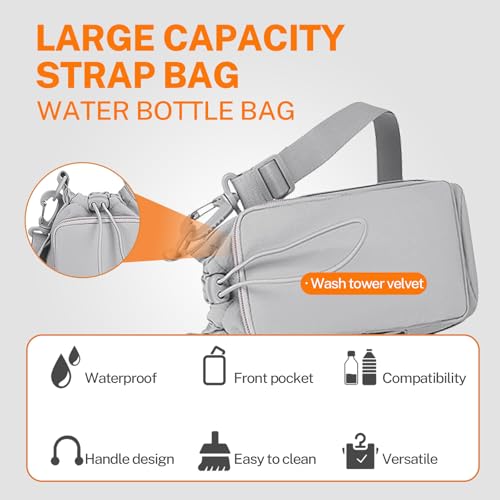 Water Bottle Holder with Phone Pocket for 40/32 oz,Water Bottle Holder/Sleeve with Adjustable Shoulder Strap and Charm. - color: Light Grey