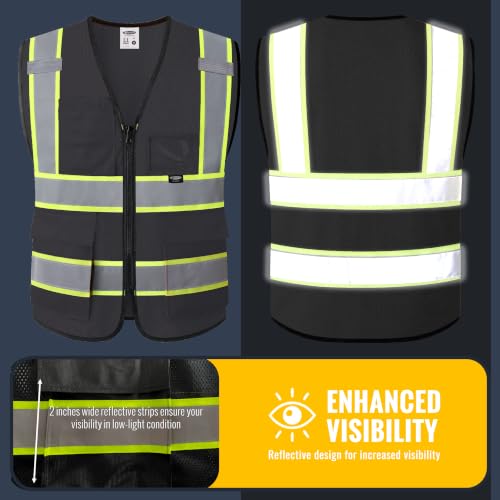 JKSafety Safety Vest for men women Hi Vis Vest with Pockets and Zipper High Visibility Reflective Vests BX320 - color: Black, size: 3X-Large