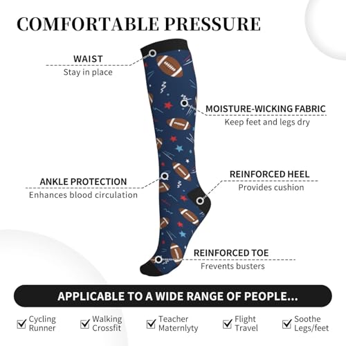 Patterned Knee High Socks for Women Men Athletic Running Travel Work - color: American Football