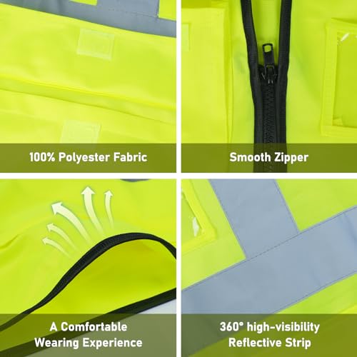 High Visibility Safety Vest with Pockets and Zipper, 1 Pack 5 Pack - color: Yellow-green, size: X-Large
