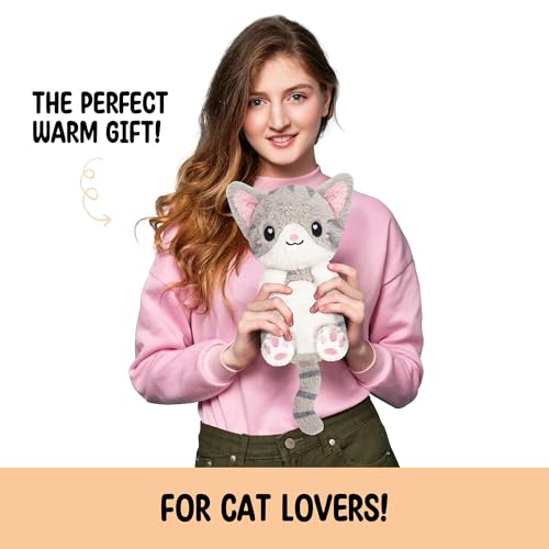 Happy Fuel Grey Cat Microwavable 1.5 lbs Unscented Heating Pad for Women & Kids- Cute Soft Cozy Pillow Plush Heatable Warm Stuffed Animals- Kawaii Hot & Cold Plushie - Gray Cat Gifts for Girls & Women - color: Grey White Cat