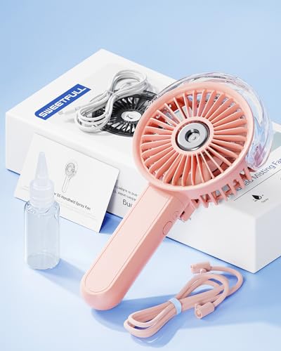 SWEETFULL Portable Misting Fan - 180° Foldable Handheld Personal Fan with Mist Spray, 3 Speeds, 30ml Water Tank, USB Rechargeable for Travel, Outdoors, Makeup, Camping, Home, and Office Use - color: Pink