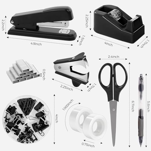 SKYDUE Black Office Supplies Set, Stapler and Tape Dispenser Set,10PCS - color: Black