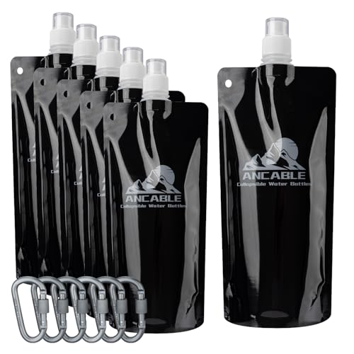 Ancable 17oz Collapsible Water Bottles, 6-Pack Reusable Travel Foldable Water Bottles for Hiking Camping Running Bike, BPA-Free Water Bottle - color: Black x 6, size: 17 Ounces
