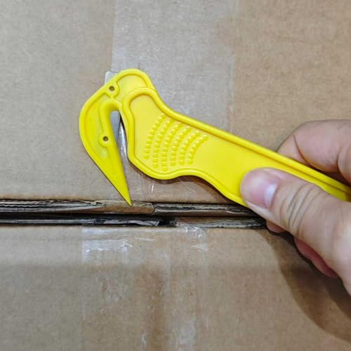 3PCS Safety Box Cutter Utility Knives Set, Film Cutter with Sharp Durable Steel Blade, Safe Efficient Cutting Tool for Shrink Wrap, Stretch Wrap, Tape & Plastic Straps,2Yellow 1Red