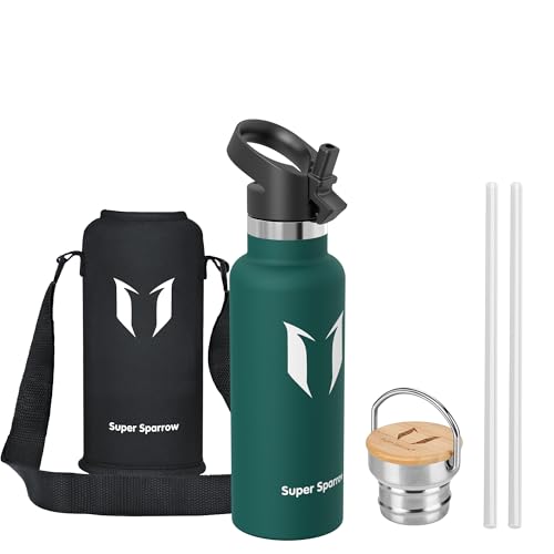 Sparrow Metal Water Bottle with Straw - Insulated Water Bottles Kids 500ml - color: Dark green, size: 16.9 Ounces