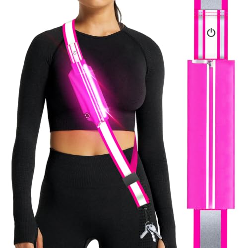 Ylzzrs LED Belt Reflective Sash for Walking at Night,High Visibility Adjustable Night Running Safety Gear,Light Up Running Belt Reflective Gear with Phone Bag/Armband for Runners Walkers Men Women - color: Pink