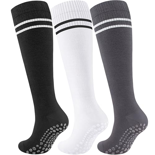 Cotton Compression Socks Women&Men with Grips Non Slip 15-20mmHg Knee High Graduated Sock for Nurse, Pregnancy, Yoga - color: 02-3 Pairs-black White Gray, size: XX-Large