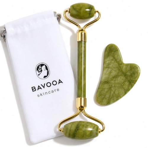 Jade Roller and Gua Sha - Spa Grade Face Roller Massager and Gua Sha Massage Tool Set. 100% Authentic Jade Stone. Reduces Puffiness, Wrinkles and Reveals Your Natural Glow