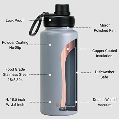 Drinco Stainless Steel Water Bottle Spout Lid Vacuum Insulated Double Wall Water Bottle Wide Mouth Leak Proof Keep Cold Sport Camping Hiking (32oz Grey) - color: 32oz Grey
