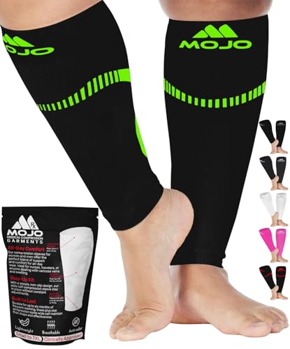 Mojo Compression Socks Footless for Women and Men 20-30mmHg - Extra Wide Plus Size Calf Sleeve - A604 - color: Black/Green, size: 5X-Large