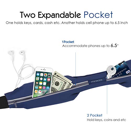 MoKo Sports Running Belt,Outdoor Dual Pouch Sweatproof Reflective Slim Waist Pack,Fitness Workout Belt Fanny Pack Compatible with iPhone 11/11 Pro Max/X/Xr/Xs Max/8/7, Galaxy Note 10/10 Plus, S20/S10 - color: Indigo
