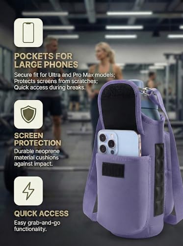 RICHEN Magnetic Gym Bag,Magnets Gym Water Bottle Bag Carrier Holder with Pockets & Strap Fit for 18 to 40 oz Owala Hydro Flask Yeti, Gym Accessories for Men Women,Walking, Hiking - color: Lavender