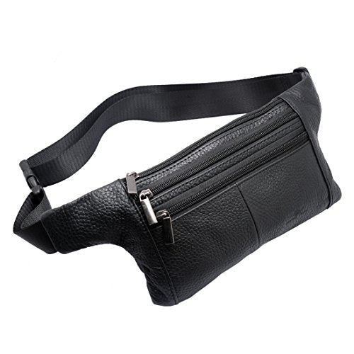 Triple Pocket fanny pack Genuine Leather waist bag slim shoulder bag Hip Purse Adjustable Belt strap Casual Pouch Outdoor Day bag (Black) - color: Black