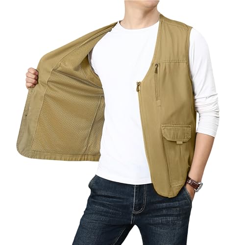 PRIJOUHE Mens Casual Cotton Vest Lightweight Outdoor Fishing Utility Vest - color: 04-khaki, size: X-Large