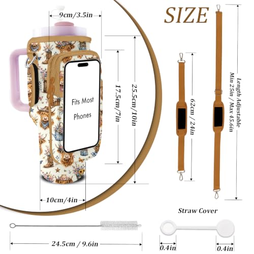 Water Bottle Carrier Bag for Stanley 40/30oz Cup Tumbler with Phone Pocket,Insulated Crossbody Water Bottle Holder with Adjustable Strap,Water Bottle Sling Pouch for Hiking Walking Camping Accessories - color: Cowboy Highland Cow Sunflower