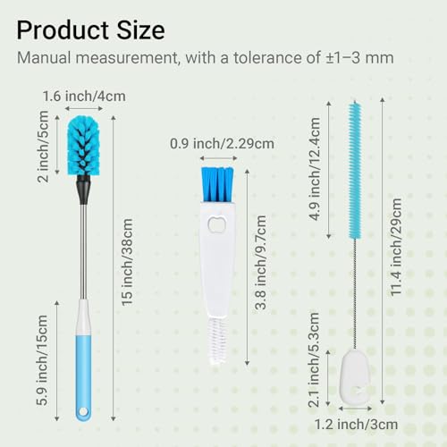 3-in-1 Bottle Brush, 15 Inches Long Handle Kitchen Water Bottle Brush, Stainless Steel Bottle Cleaner Brush with Straw Brush & Lid Brushe for Cleaning Wine Glasses,Coffee Mugs,Tumblers,Wine Decanters - color: Blue-3
