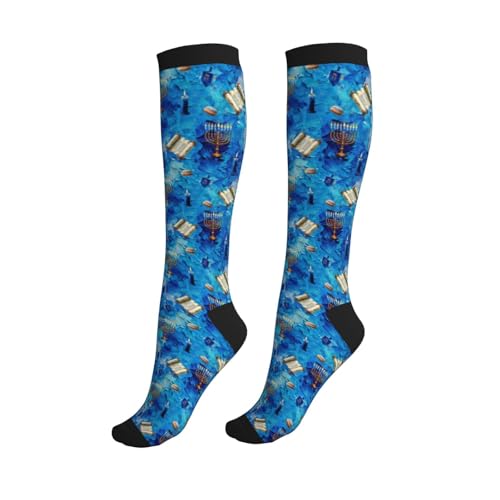 Compression Socks Knee High Support Socks Women Circulation Stockings for Athletic Running Cycling Flying - color: Hanukkah
