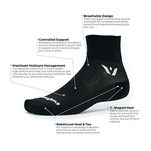 Swiftwick- PERFORMANCE Quarter Crew Running & Cycling Socks, Fast Dry, Cushion Crew Socks - color: Black, size: Small