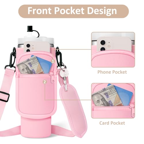 AceTreker Water Bottle Carrier Bag with Strap for Stanley 40/30 oz Tumbler Neoprene Insulated Cup Holder Sleeve with Phone Pocket & Straw Cover for Stanley Cup Accessories - color: 01-Pink, style: 30 Oz